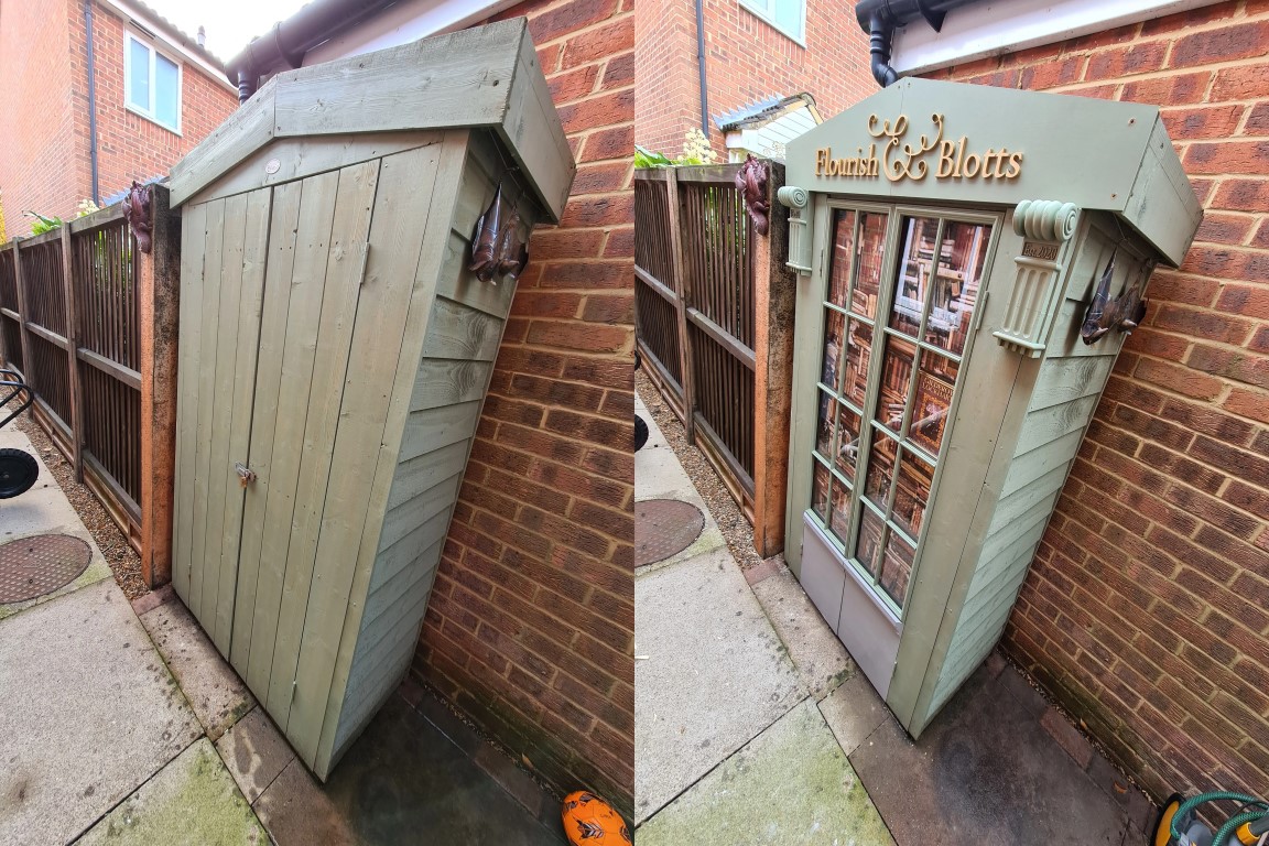 Shed conversion before and after into Flourish & Blotts from Harry Potter