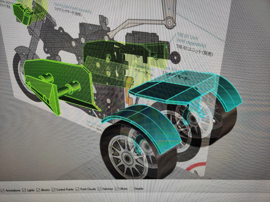 Screenshot of 3D modeling custom Tamiya Dancing Rider in Rhino software.